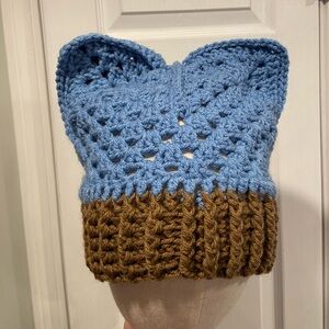 Handmade Crochet Cat Animal Ear Beanie Hat Cozy Ribbed Brim Stretch Winter Hat